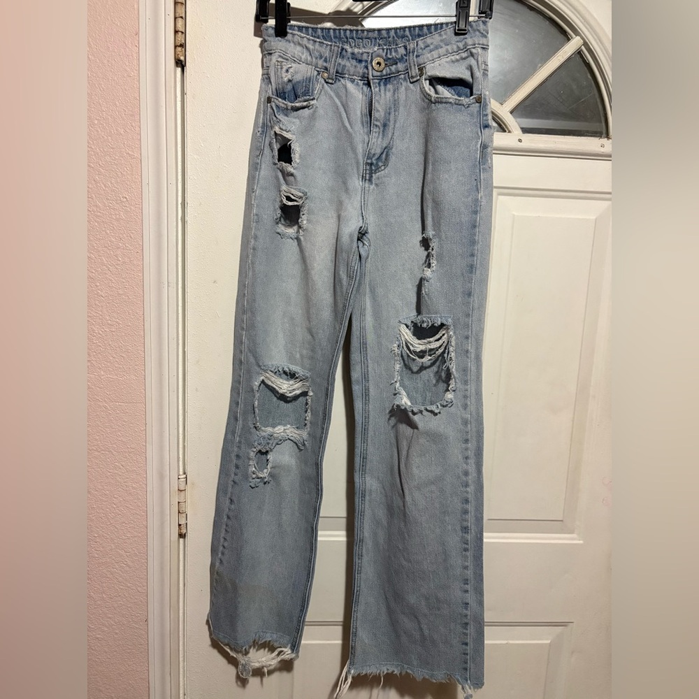 Women's Light Blue Distressed Straight-Leg Jeans